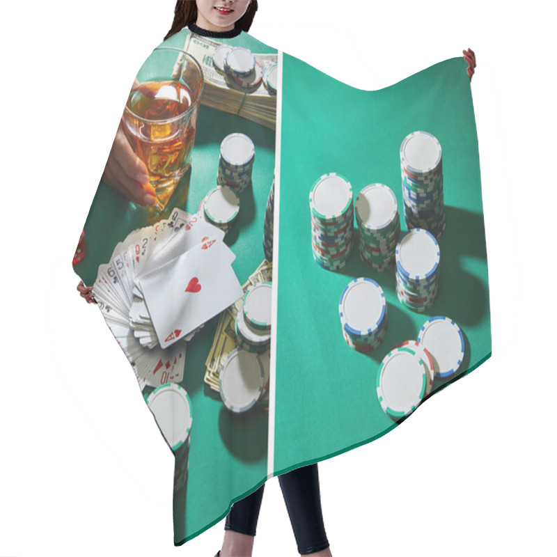 Personality  Collage Of Woman Holding Glass Of Cognac Near Money, Playing Cards, Dice And Casino Tokens On Green Hair Cutting Cape