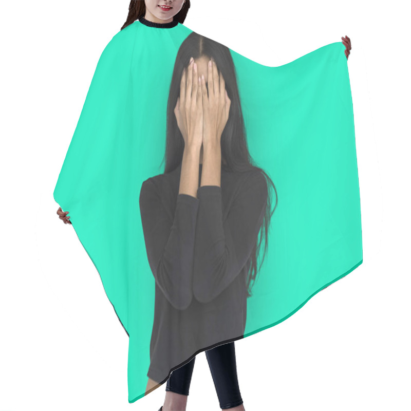 Personality  Woman Covering Face With Hands Hair Cutting Cape