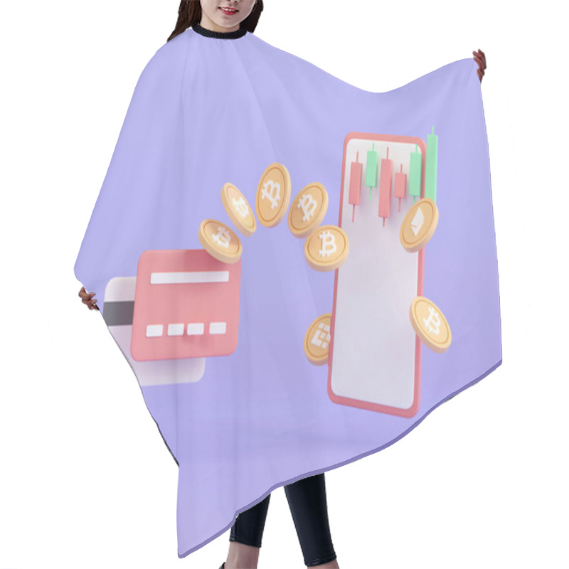 Personality  3d Finance Transfer Money And Credit Card. Crypto Currency Trading On Mobile. Paying And Shopping Online. Financial Transactions Concept. 3d Render Illustration Cartoon Minimal Style. Hair Cutting Cape