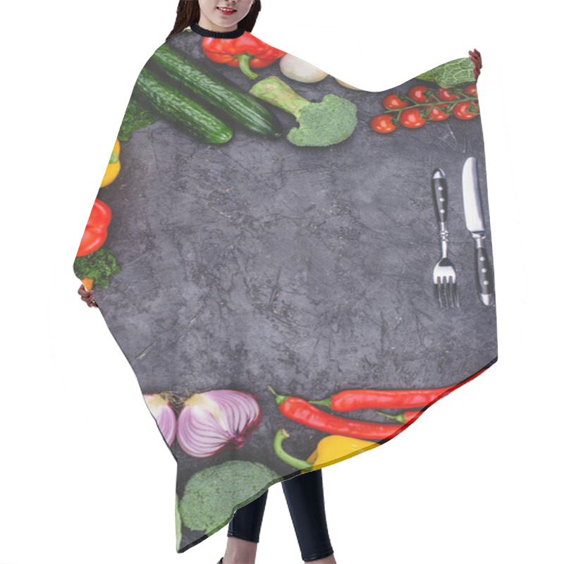 Personality  Top View Of Fresh Healthy Organic Vegetables And Fork With Knife On Black Hair Cutting Cape