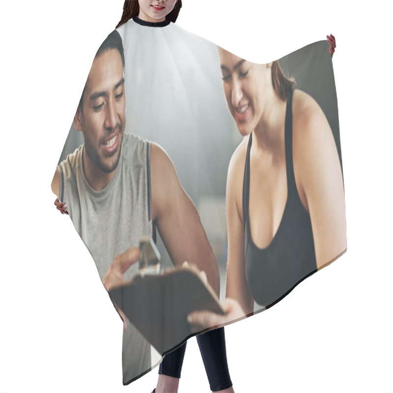 Personality  Man, Woman And Clipboard With Writing In Gym, Sign Up And Planning For Ideas, Workout And Smile With Info. Personal Trainer, Paperwork And Signature For Fitness, Checklist Or Agreement For Wellness. Hair Cutting Cape