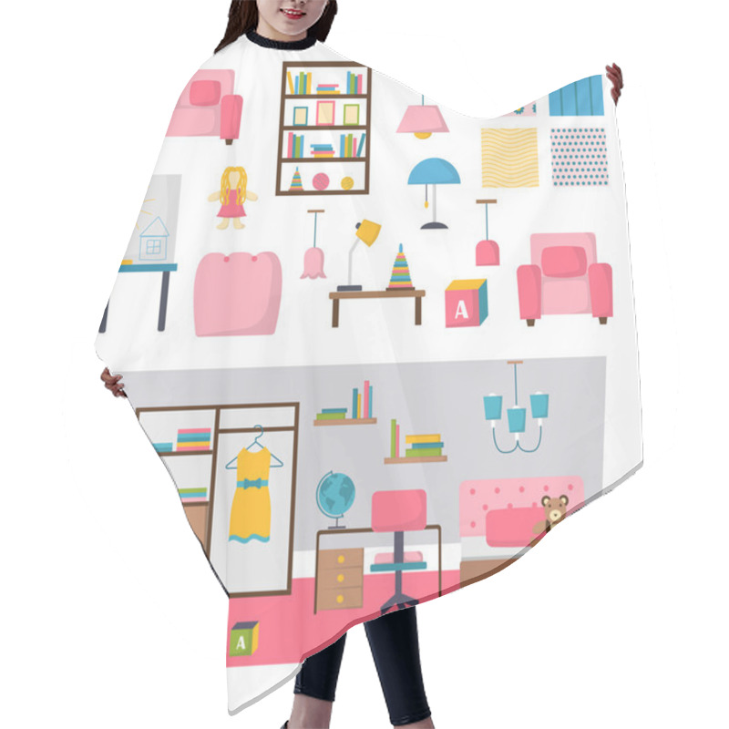 Personality  Baby Kids Room Interior Vector Set. Hair Cutting Cape