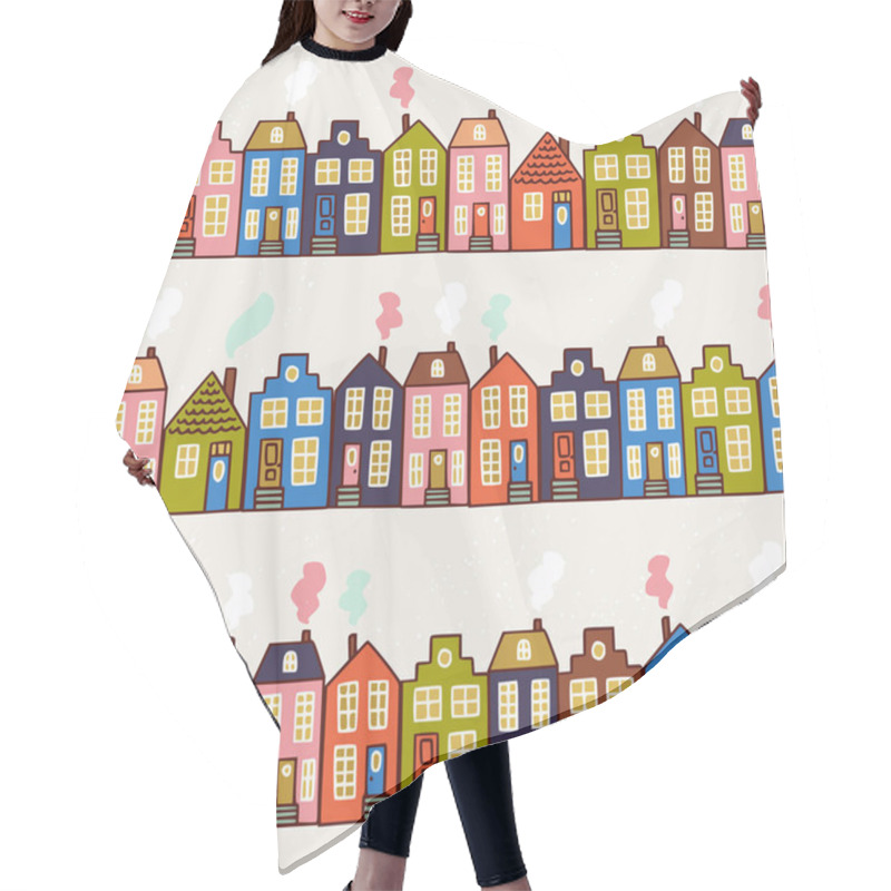 Personality  Cute Seamless Pattern Made Of Hand Drawn Old European Houses. Street In A Sweet Homey Town . Sketch Wrapping Paper, Textile, Wallpaper. Vector Illustration. Hair Cutting Cape