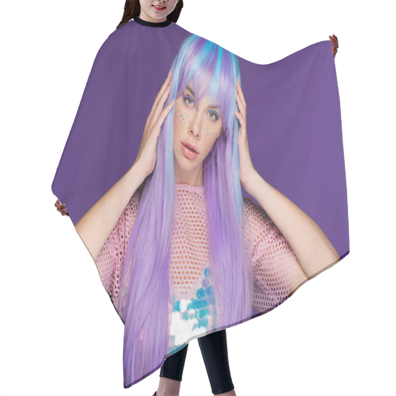 Personality  Fashionable Young Woman Posing In Violet Wig With Stars On Face, Isolated On Purple Hair Cutting Cape