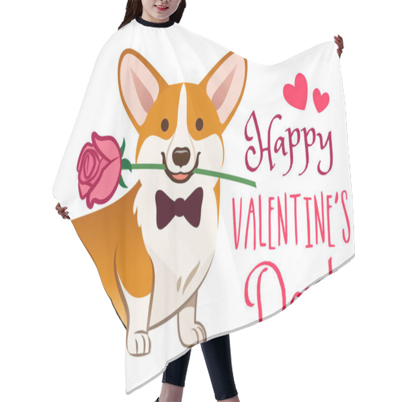 Personality  Corgi Dog With Rose Flower In Mouth Valentine's Day Card Vector Cartoon. Cute Sitting Corgi Puppy On White Background. Funny Humorous Love, Pets, Animals, Happy Valentine's Day Theme Design Element. Hair Cutting Cape