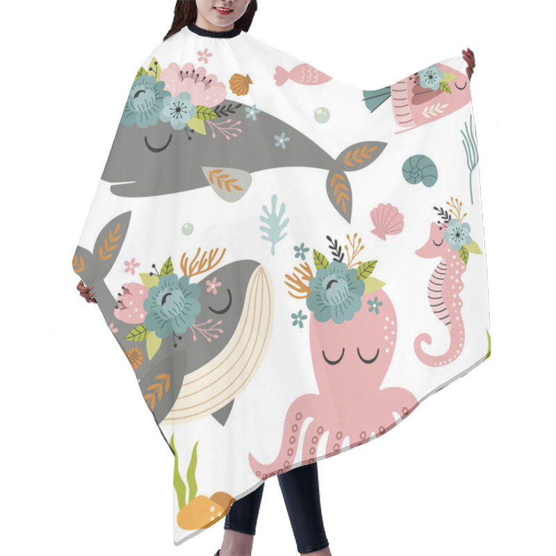 Personality  Set Of Isolated Beautiful Sea Animals With Flowers Hair Cutting Cape