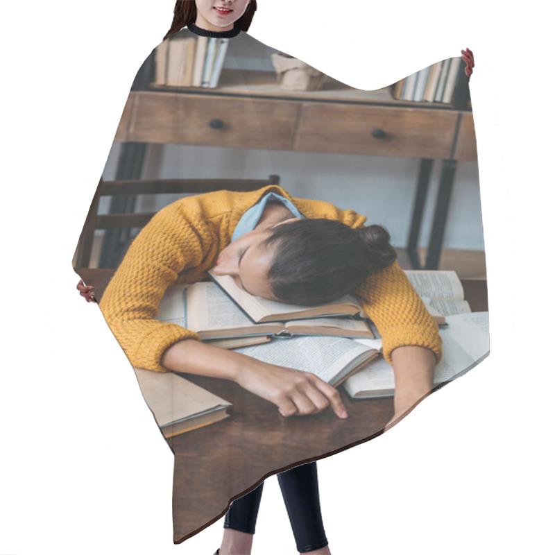 Personality  Overworked Student Girl Sleeping At Library While Preparing For Exam At Library Hair Cutting Cape