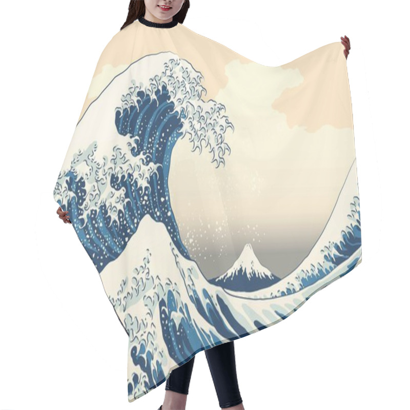 Personality  The Great Wave Off Kanagawa Painting Reproduction Vector Illustration. Old Japanese Artwork With Big Wave And Mountain Fuji On The Background. Hair Cutting Cape