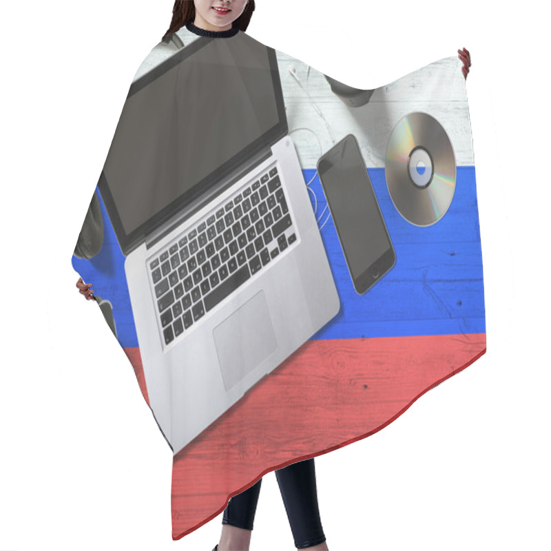 Personality  Russia Flag On National Background Wooden Table. Portable Devices Concept. Cd, Headphones, Tablet, Notebook. Digital Media Theme. Hair Cutting Cape