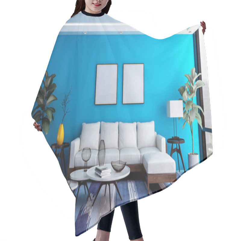 Personality  Modern And Luxury Blue Living Room Interior Background With Blank Photo Frame For Mock Up, 3D Rendering Hair Cutting Cape