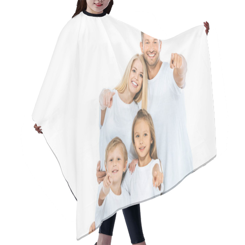 Personality  Positive Family In White T-shirts Pointing With Fingers Isolated On White  Hair Cutting Cape