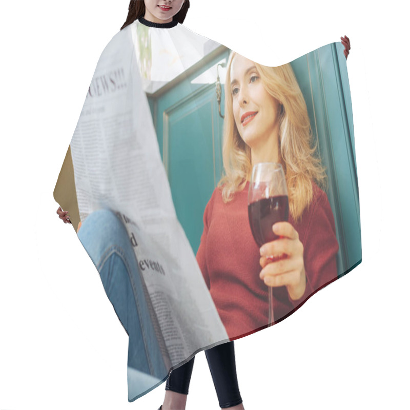 Personality  Joyful Woman Reading A Newspaper And Drinking Wine Hair Cutting Cape