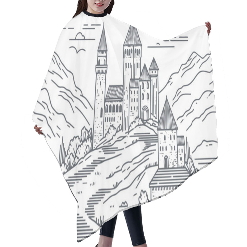 Personality  Detailed Line Art Illustration Of A Medieval Castle With Surrounding Landscape Suitable For Historical Or Fantasy Themed Projects Hair Cutting Cape