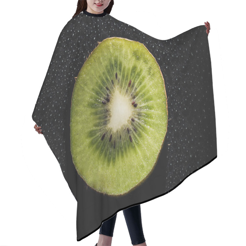 Personality  Slice Of Fresh Kiwi Fruit On Black Background With Water Drops Hair Cutting Cape