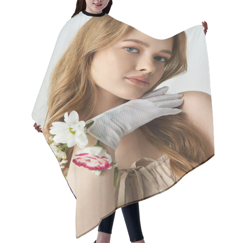 Personality  A Beautiful Young Woman Adorned With Flowers Exudes Charm And Poise. Hair Cutting Cape