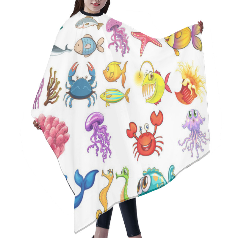 Personality  Large Set Of Sea Creatures On White Background Illustration Hair Cutting Cape