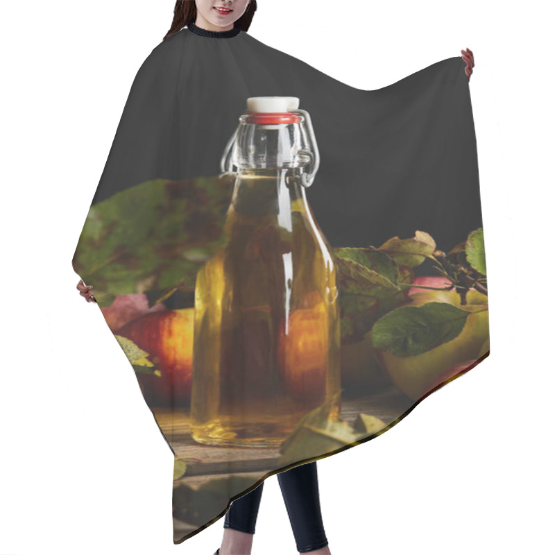 Personality  Fresh Homemade Cider In Bottle Near Ripe Apples And Leaves On Wooden Surface Isolated On Black Hair Cutting Cape