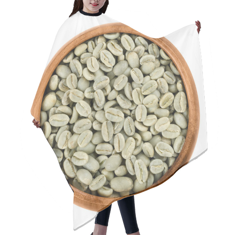 Personality  Green Coffee Beans In A Wooden Bowl Over White Hair Cutting Cape