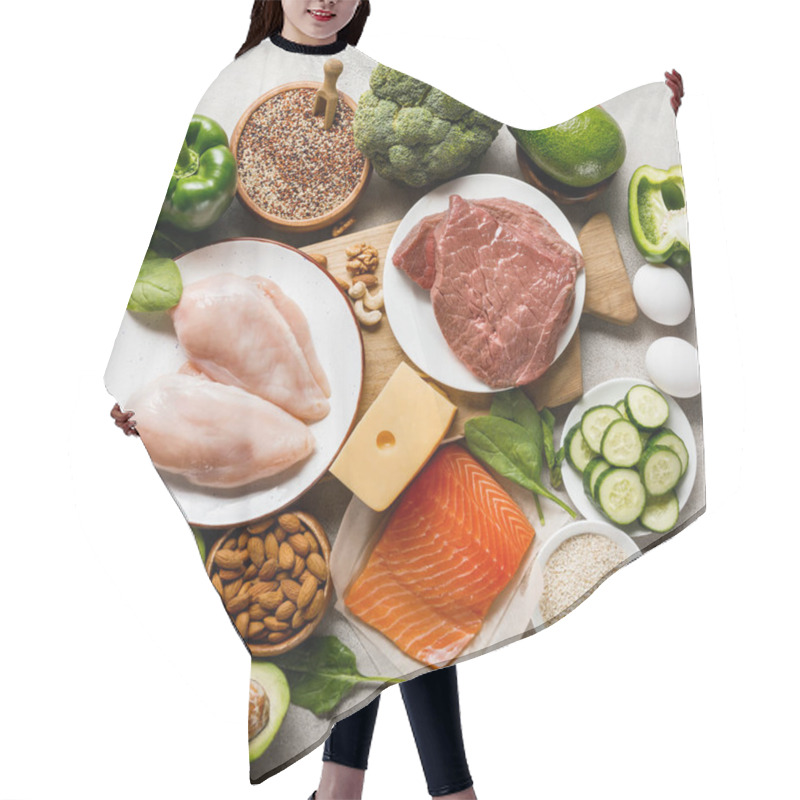 Personality  Top View Of Raw Ketogenic Diet Ingredients On Wooden Chopping Board On Grey Background With Copy Space Hair Cutting Cape