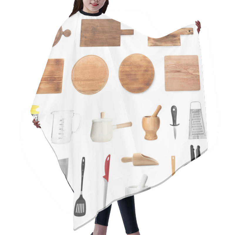 Personality  Set With Different Cooking Utensils On White Background Hair Cutting Cape