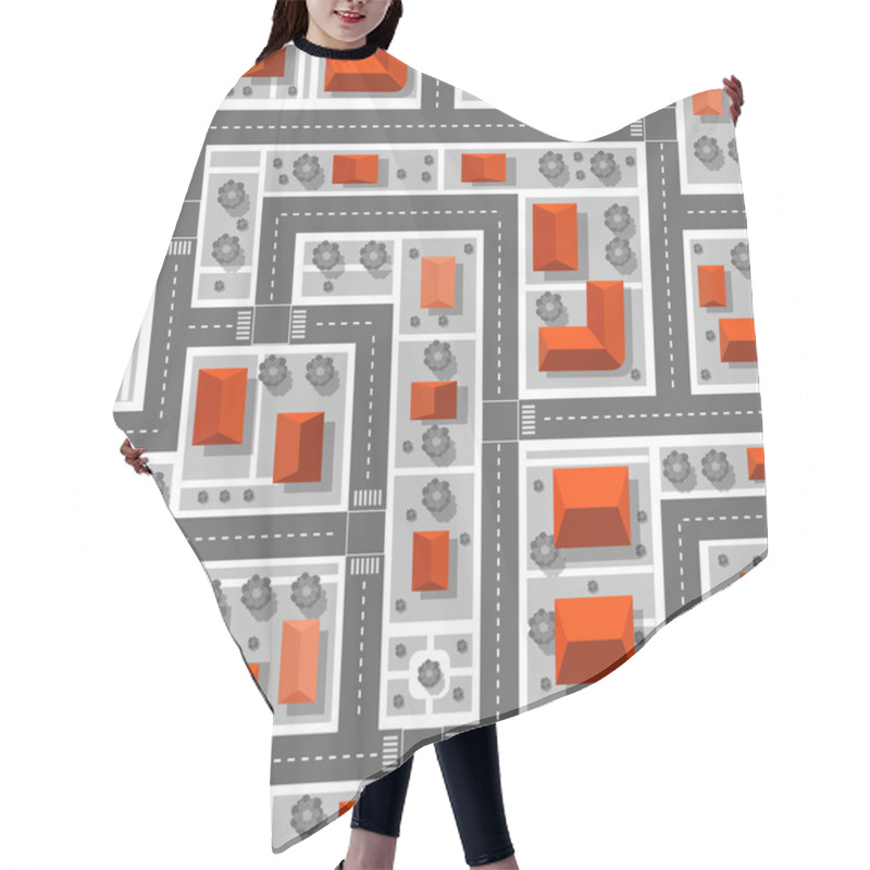 Personality  Top View Of The Plan City. Seamless Repeating Pattern. Urban Streets And Houses, Roofs And Trees. Hair Cutting Cape