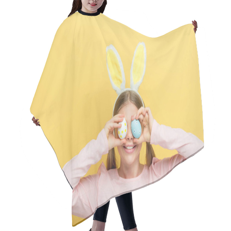 Personality  Happy Child With Bunny Ears Covering Eyes With Easter Eggs Isolated On Yellow  Hair Cutting Cape