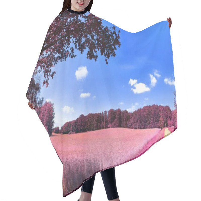 Personality  Beautiful Pink And Purple Infrared Panorama Of A European Countryside Landscape With A Blue Sky Hair Cutting Cape