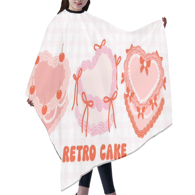 Personality  Set Of Retro Cake Heart Shaped Groovy Coquette Design With Ribbon Bow Banner Hair Cutting Cape