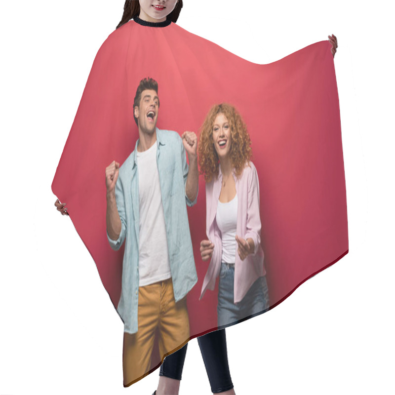 Personality  Beautiful Excited Couple In Casual Clothes Isolated On Red Hair Cutting Cape