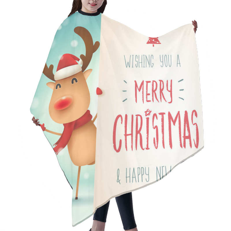 Personality  The Red-nosed Reindeer With Big Signboard. Merry Christmas Calligraphy Lettering Design. Creative Typography For Holiday Greeting. Hair Cutting Cape