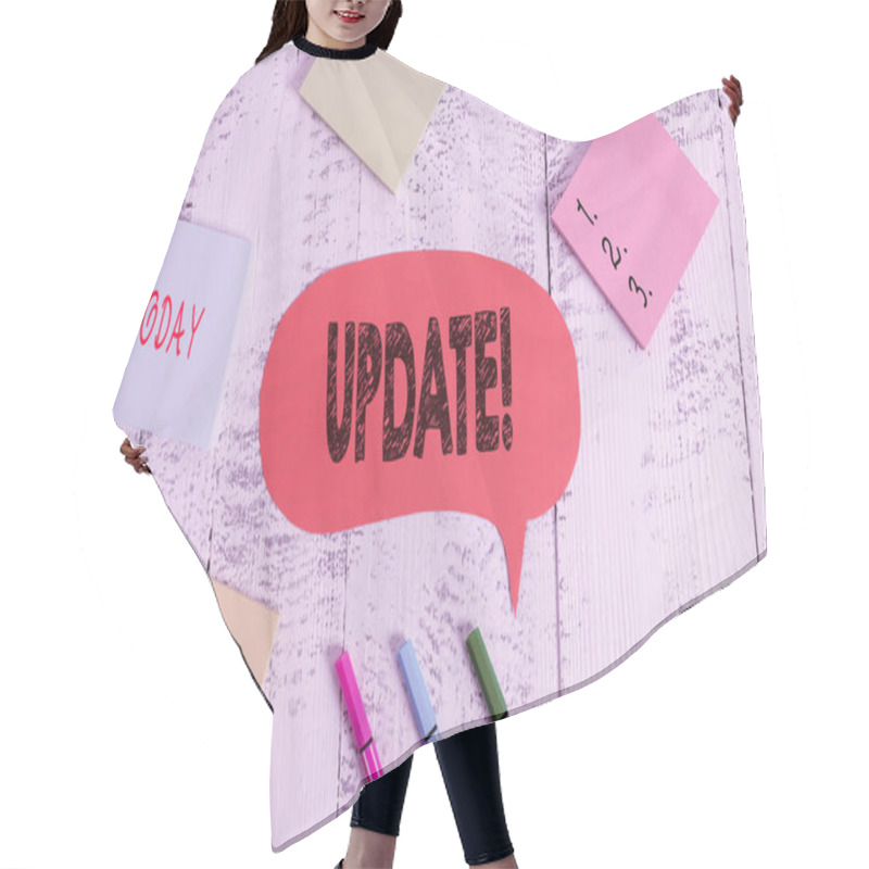 Personality  Text Sign Showing Update. Conceptual Photo Make Something More Modern Or Up To Date Like Software Programs Ballpoints Pens Blank Colored Speech Bubble Sticky Notes Wooden Background. Hair Cutting Cape