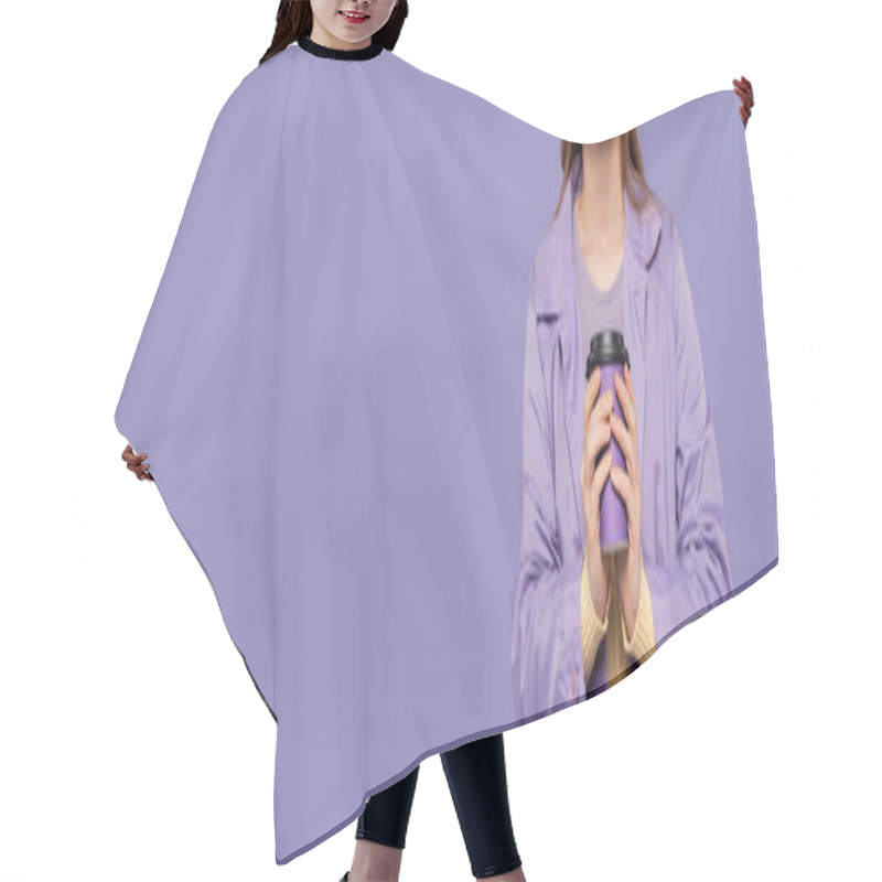 Personality  Cropped View Of Smiling Young Woman In Trench Coat Holding Paper Cup Isolated On Purple, Banner Hair Cutting Cape