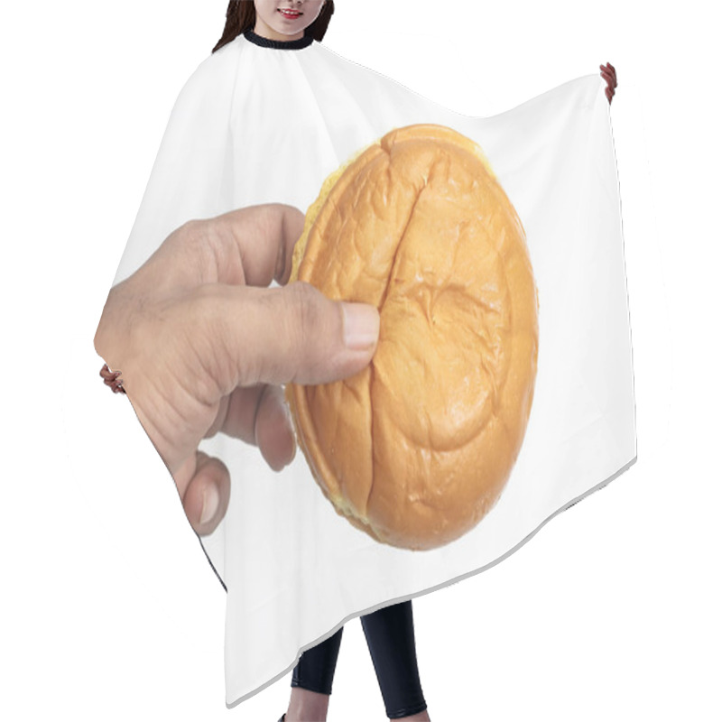 Personality  Closeup Of A Hand Holding A Freshly Baked Butter Bun, Set Against A Clean White Background. Perfect For Bakery Advertisements, Food Delivery Promotions. Hair Cutting Cape