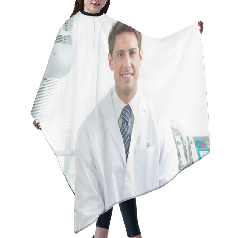 Personality  Happy Male Dentist In Clinic Hair Cutting Cape