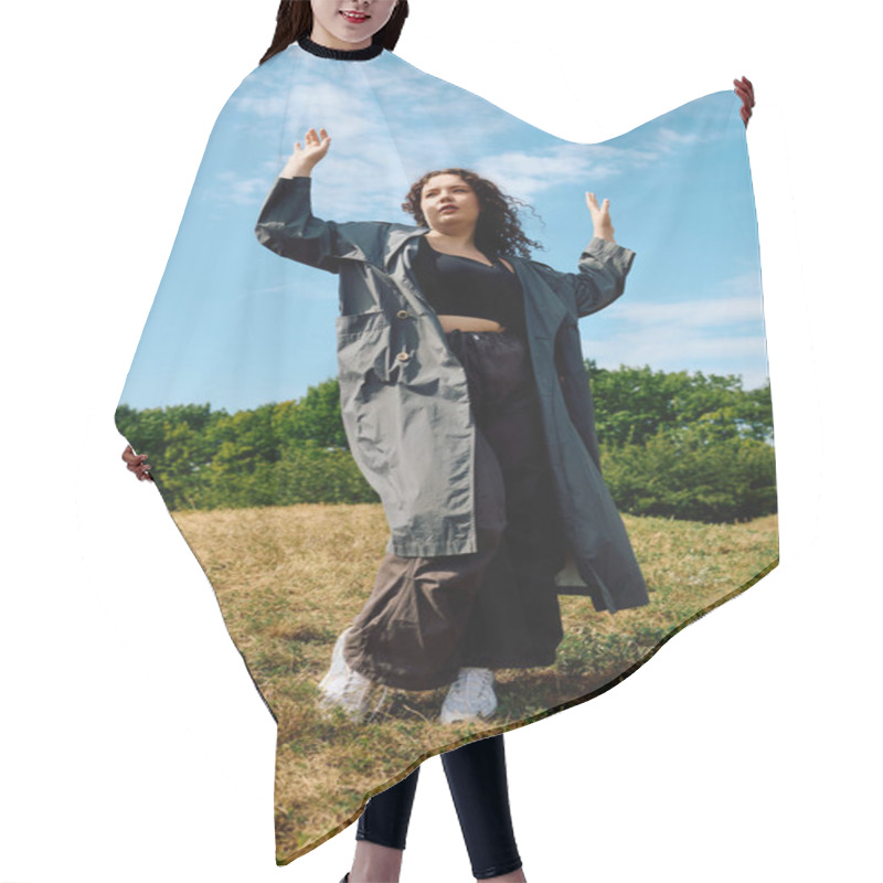 Personality  A Confident Woman Embraces Nature, Dancing With Joy In An Open Field Under Sunny Skies. Hair Cutting Cape