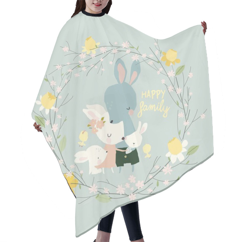 Personality  Illustration Of Happy Cartoon Rabbits Family With Newborn Hair Cutting Cape