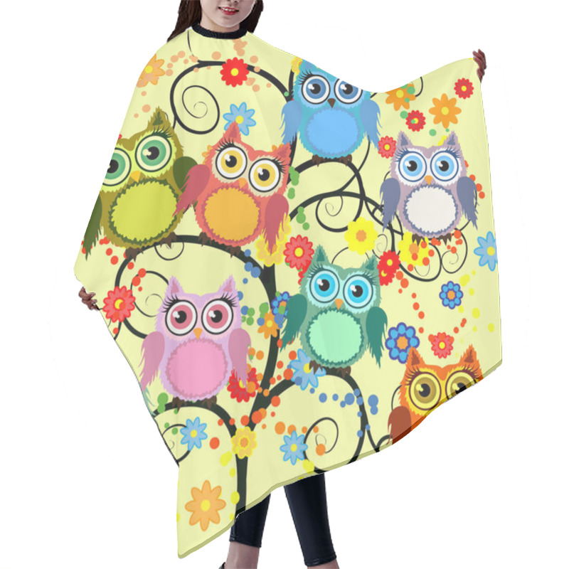 Personality  Bright Cute Cartoon Owls Sit On The Flowering Branches Of Fantastic Trees Hair Cutting Cape