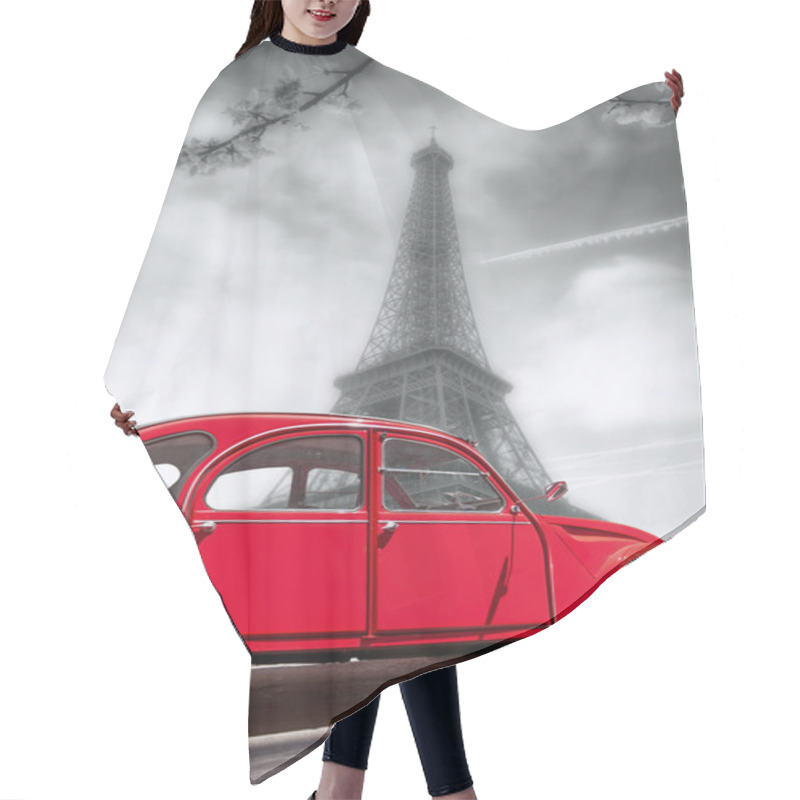 Personality  Eiffel Tower With Old Red Car In Paris, France Hair Cutting Cape