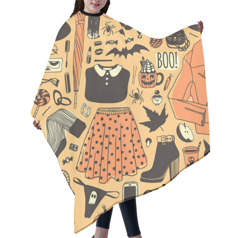 Personality  Hand Drawn Fashion Background. Creative Ink Art Work. Actual Vector Seamless Pattern. Halloween Set: Leather Jacket, Skirt, Hat, Boot, Sock, Snickers, Bag Hair Cutting Cape