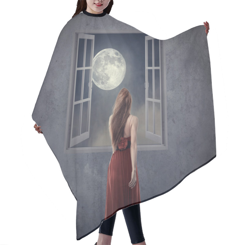 Personality  Beautiful Woman In Red Dress Walking To Opened Window With Moon Hair Cutting Cape