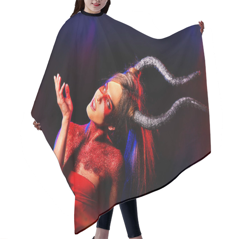 Personality  Halloween Monster Woman With Horns And Fire Flame. Hair Cutting Cape