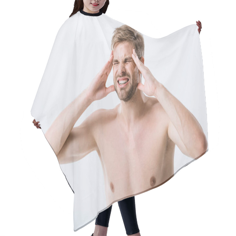 Personality  Shirtless Man With Headache Touching Temples Isolated On Grey Hair Cutting Cape