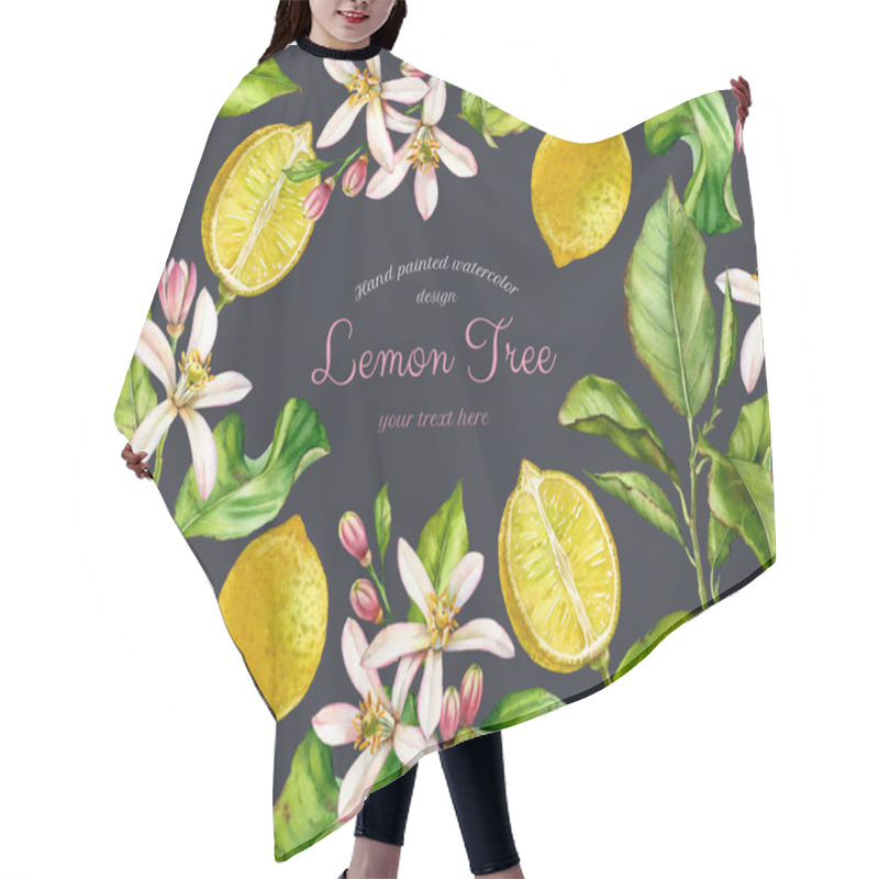 Personality  Watercolor Lemon Fruits. Floral Frame With Text On Dark Background. Citrus Tree Branches, Flowers, Leaves. Realistic Botanical Banner With Fresh Tropical Food. Horizontal Arrangement For Label Hair Cutting Cape