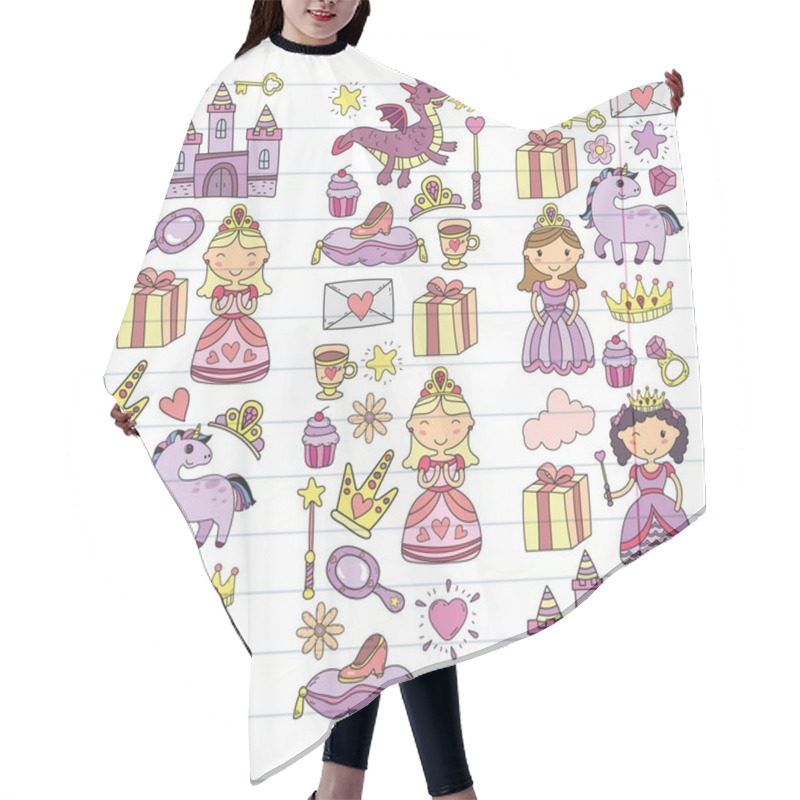 Personality  Set Of Doodle Princess And Fantasy Icon And And Design Element For Invitation And Greeting Card. Kids Drawing. Kindergarten, Preschool, School Pattern Hair Cutting Cape