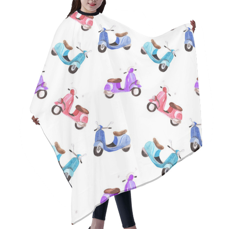 Personality  Watercolor Set With Pink, Blue And Purple Scooters, Seamless Pattern In Cartoon Style. Hair Cutting Cape