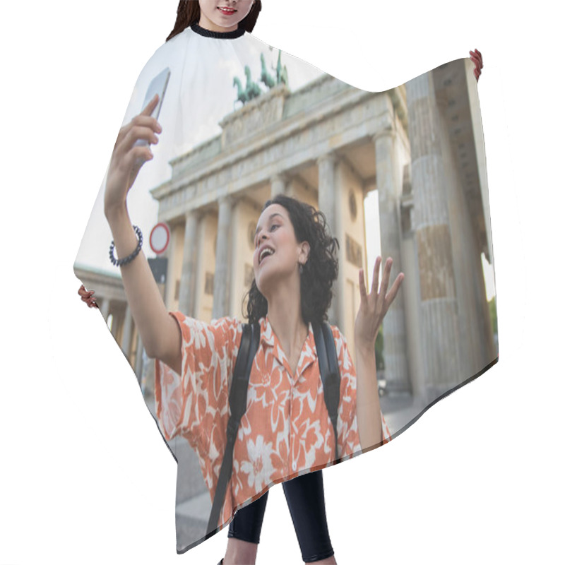 Personality  Curly Tourist With Backpack Taking Selfie On Smartphone Near Brandenburg Gate In Berlin  Hair Cutting Cape