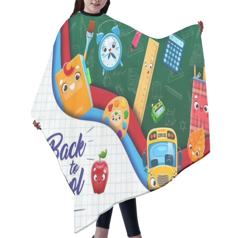 Personality  Back To School Paper Cut Banner. Bus And Stationery Funny Characters. Vector Background With Cute Cartoon Notebook, Alarm Clock, Ruler And Paint Palette. Calculator, Paintbrush, Felt-tip Pen And Leaf Hair Cutting Cape