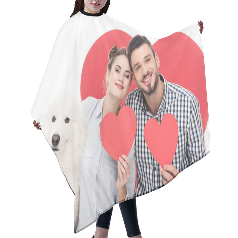 Personality  Happy Couple With Samoyed Dog And Paper Hearts Isolated On White, Valentines Day Concept Hair Cutting Cape