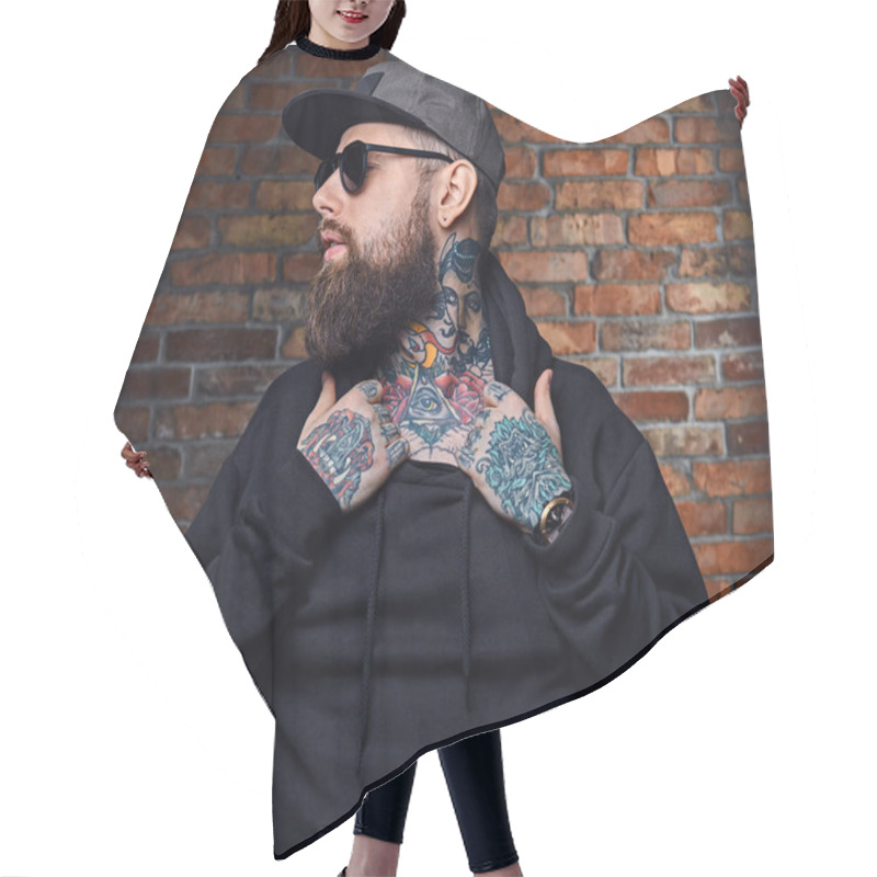 Personality  Modern Bearded Hipster Male In Hoodie  Hair Cutting Cape