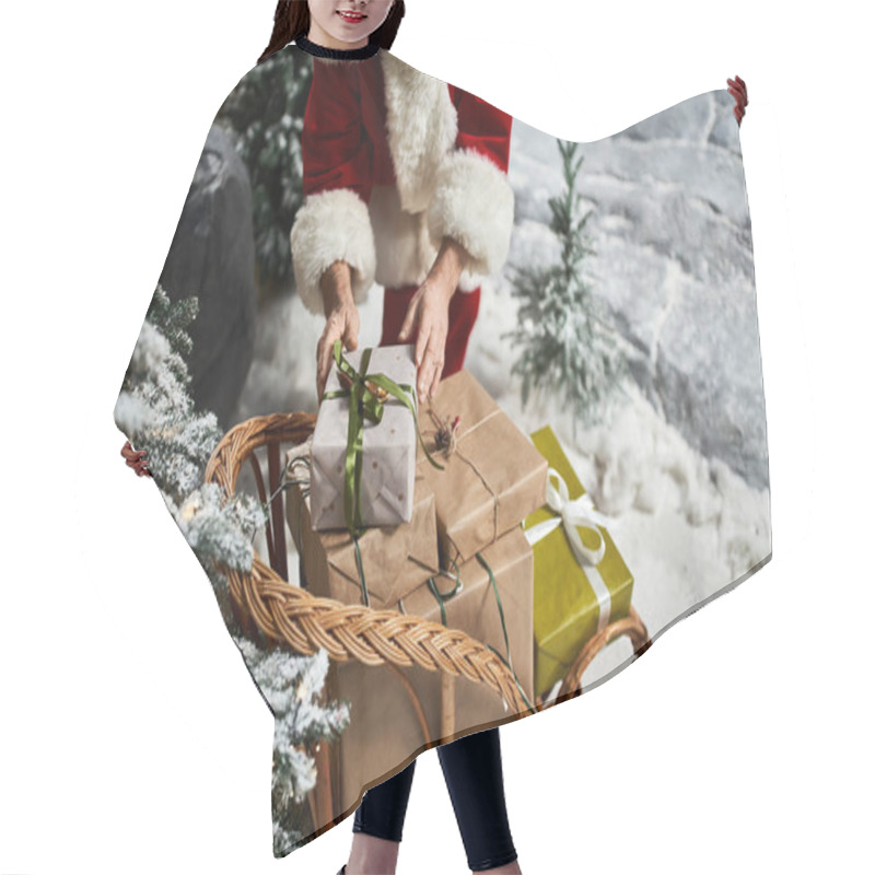 Personality  A Cheerful Figure In A Red Suit Places Wrapped Gifts On A Wooden Sleigh Surrounded By Snow. Hair Cutting Cape